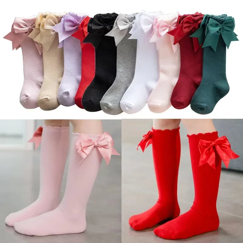 Pudcoco Infant Baby Girl Below Knee Socks, Solid Color Bow Decor Stockings Breathable Clothing Accessory 0-7T thumbnail 2