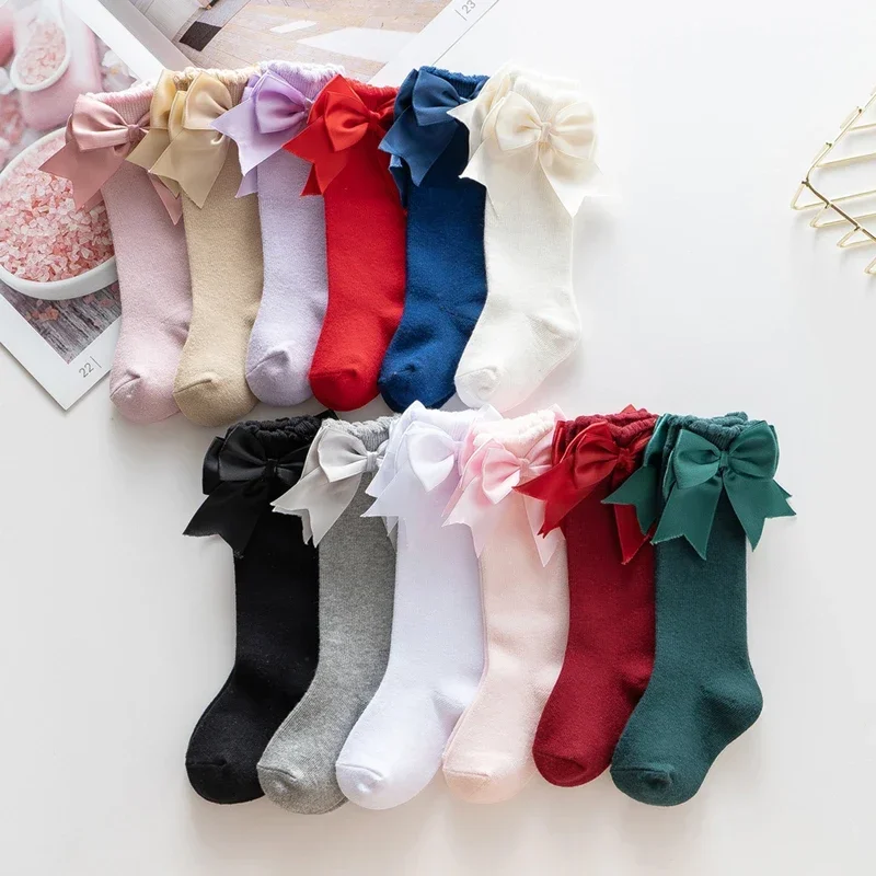 Pudcoco Infant Baby Girl Below Knee Socks, Solid Color Bow Decor Stockings Breathable Clothing Accessory 0-7T thumbnail 3