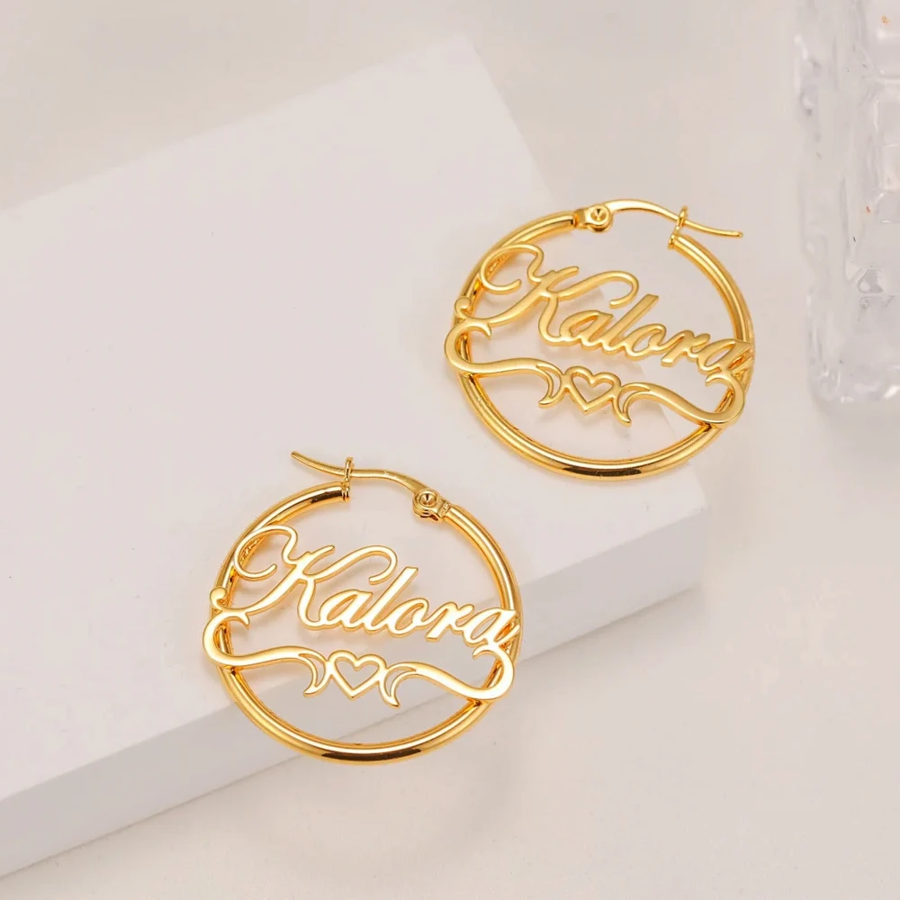 Haiyufly Personalized Custom Name Hoop Earring with Heart for Women Stainless Steel Nameplate Earrings Christmas Jewelry Gift thumbnail 4