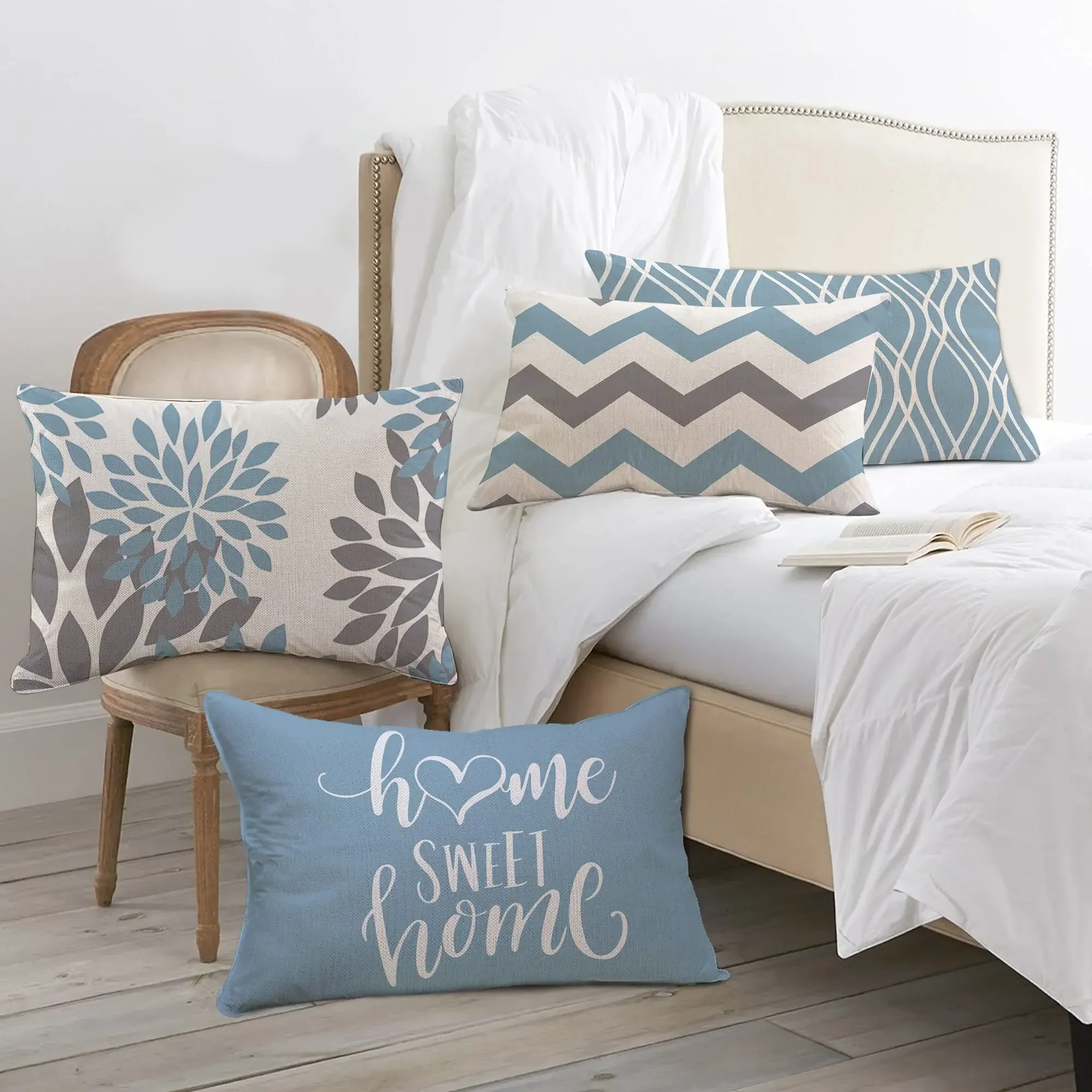 Lake blue white geometric linen pillowcase sofa cushion cover home decoration can be customized for you 30x50 40x60 thumbnail 3