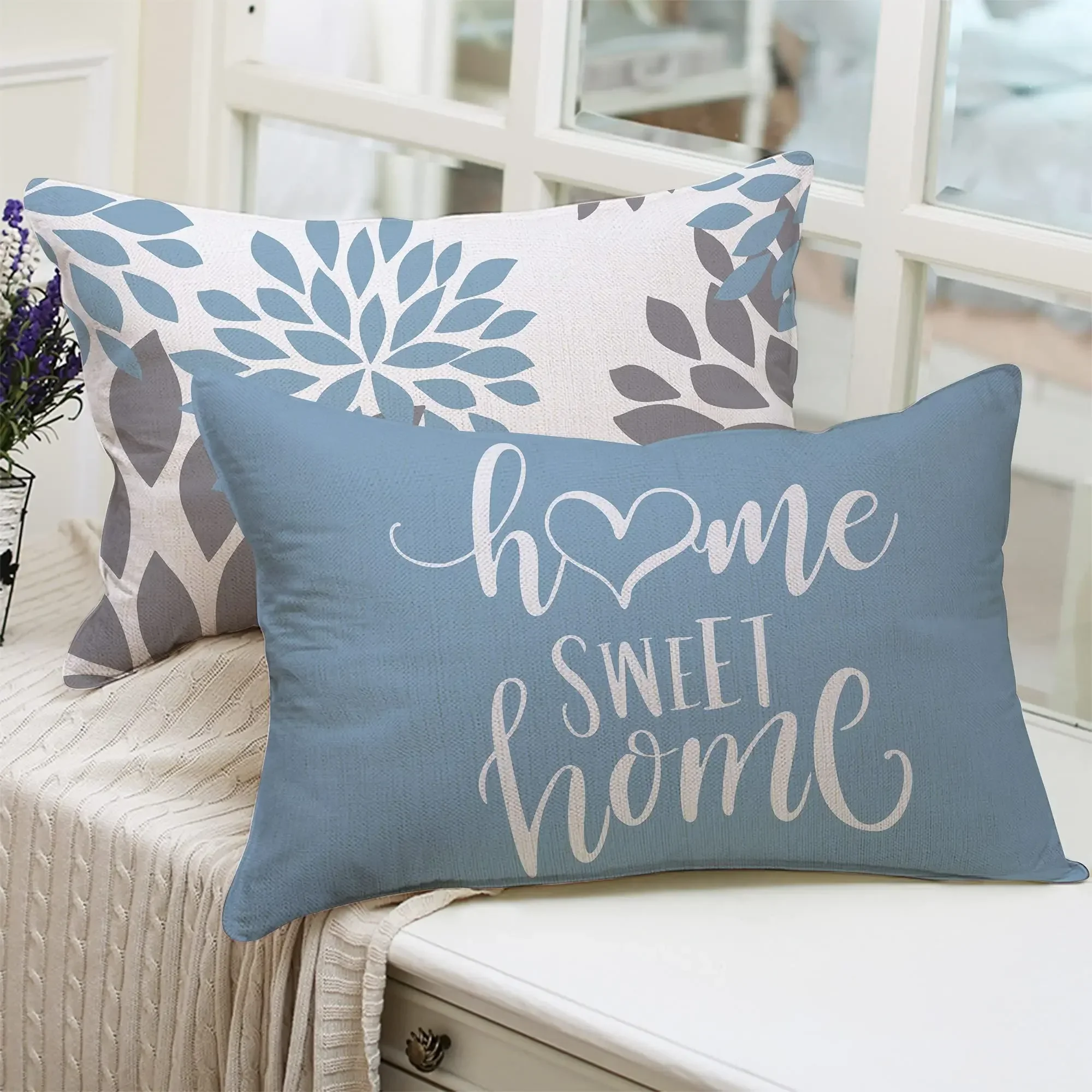 Lake blue white geometric linen pillowcase sofa cushion cover home decoration can be customized for you 30x50 40x60 thumbnail 2
