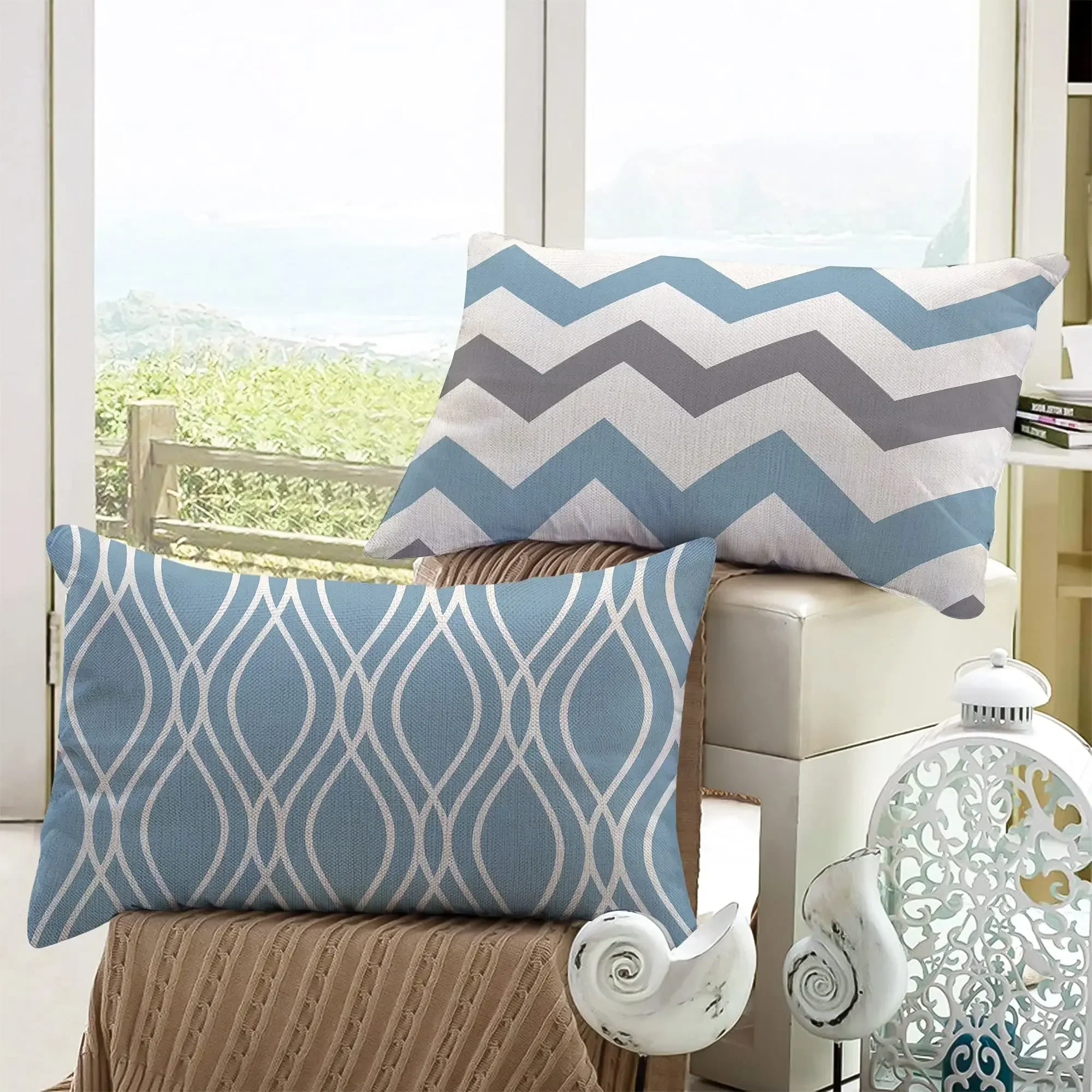 Lake blue white geometric linen pillowcase sofa cushion cover home decoration can be customized for you 30x50 40x60 thumbnail 5