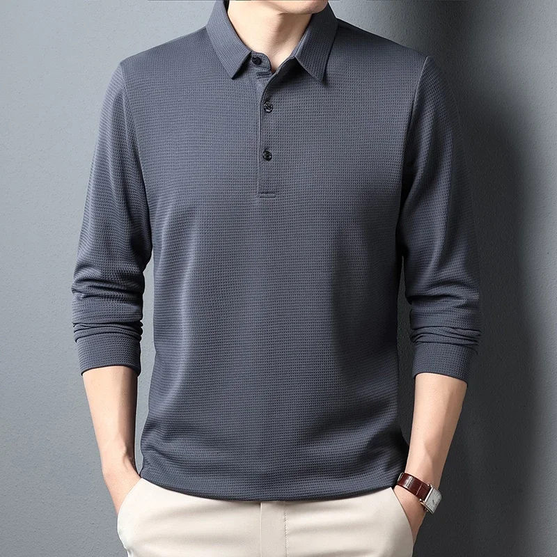 New Men's Business Fashion Casual Long Sleeved Shirt Solid Color Polo Shirt Fashionable Breathable Comfortable Versatile Top thumbnail 4