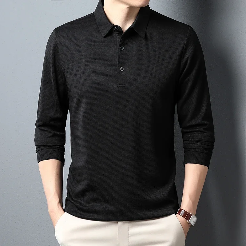 New Men's Business Fashion Casual Long Sleeved Shirt Solid Color Polo Shirt Fashionable Breathable Comfortable Versatile Top thumbnail 3