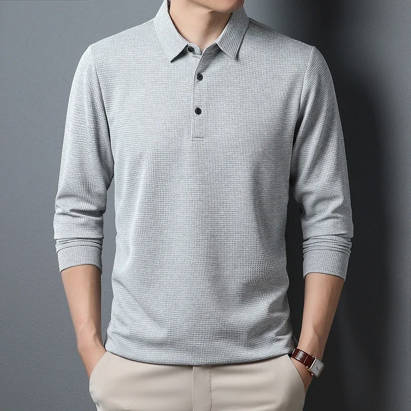 New Men's Business Fashion Casual Long Sleeved Shirt Solid Color Polo Shirt Fashionable Breathable Comfortable Versatile Top thumbnail 2