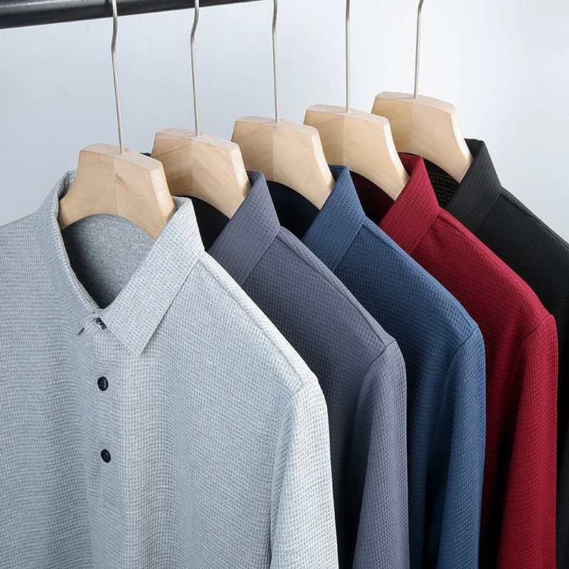 New Men's Business Fashion Casual Long Sleeved Shirt Solid Color Polo Shirt Fashionable Breathable Comfortable Versatile Top thumbnail 6