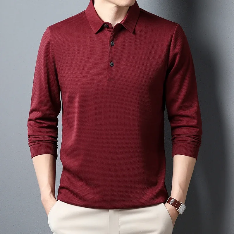 New Men's Business Fashion Casual Long Sleeved Shirt Solid Color Polo Shirt Fashionable Breathable Comfortable Versatile Top thumbnail 5