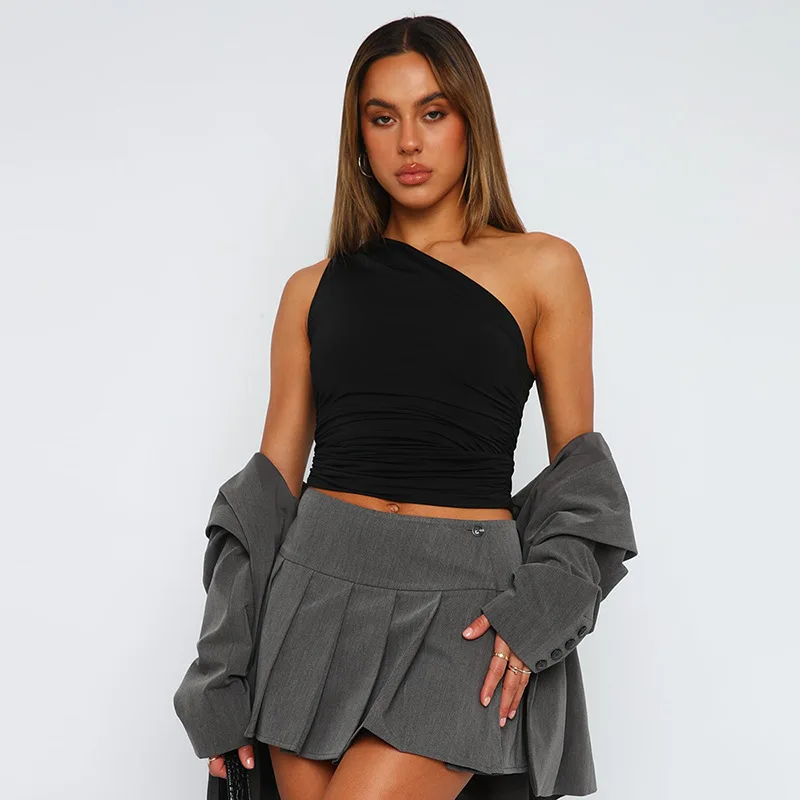 Solid Color One Shoulder Backless Shrink Tank Top T-Shirt Candy Color Tight Sexy Sleeveless Neckless Slim Casaul Top thumbnail 2