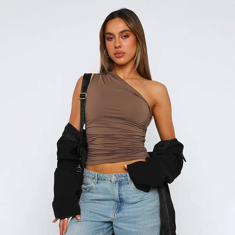 Solid Color One Shoulder Backless Shrink Tank Top T-Shirt Candy Color Tight Sexy Sleeveless Neckless Slim Casaul Top thumbnail 3