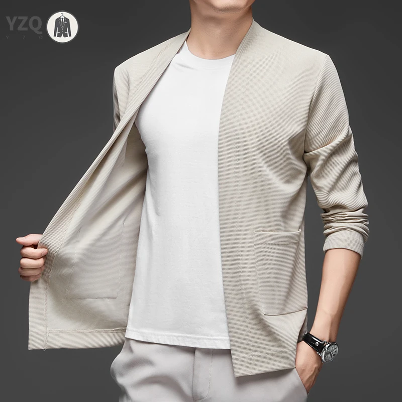 New Men's Business Casual Long Sleeved Solid Color Cloak Jacket Knitted Comfortable and Fashionable All Season Versatile Top thumbnail 4