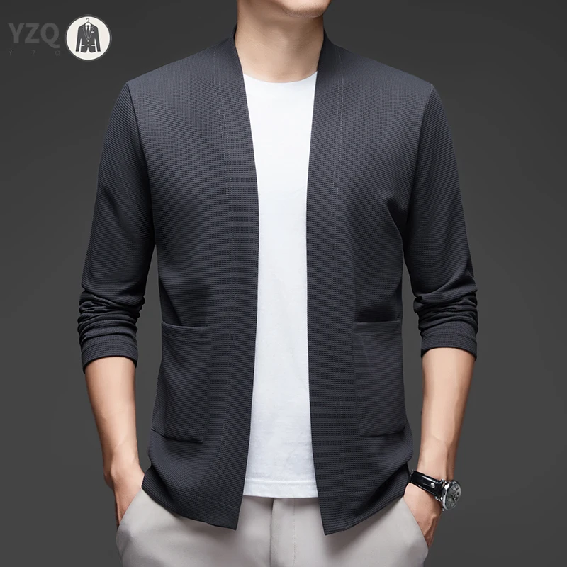 New Men's Business Casual Long Sleeved Solid Color Cloak Jacket Knitted Comfortable and Fashionable All Season Versatile Top thumbnail 2
