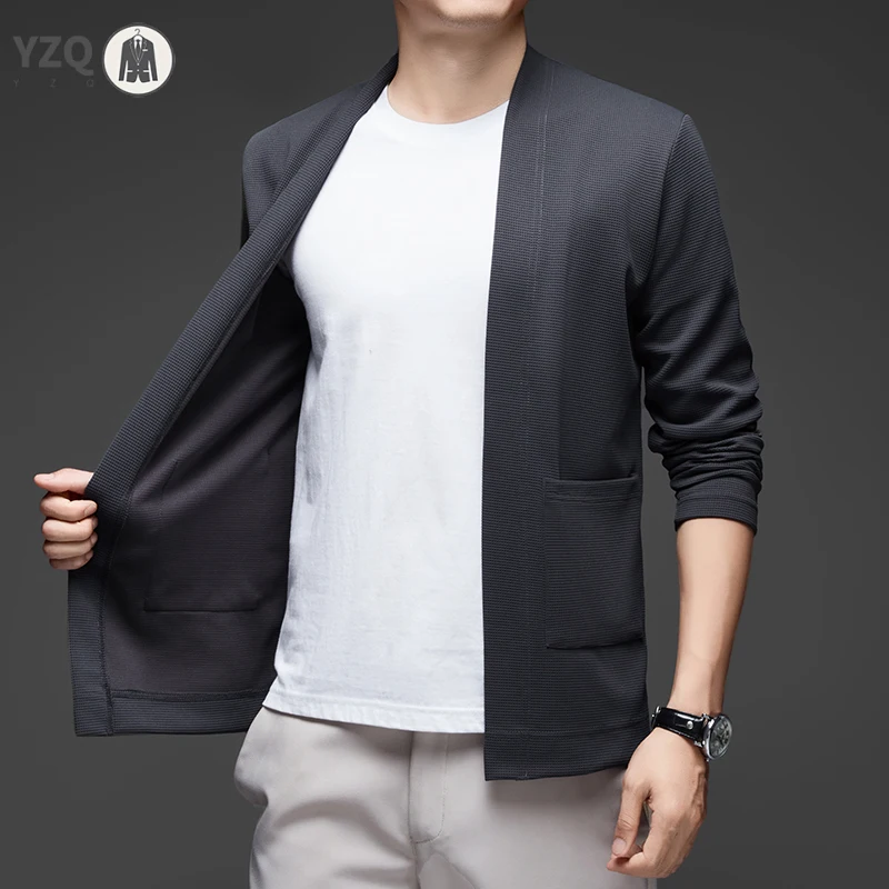 New Men's Business Casual Long Sleeved Solid Color Cloak Jacket Knitted Comfortable and Fashionable All Season Versatile Top thumbnail 5
