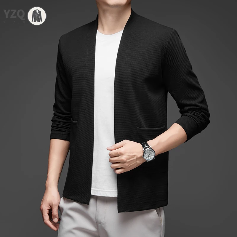 New Men's Business Casual Long Sleeved Solid Color Cloak Jacket Knitted Comfortable and Fashionable All Season Versatile Top thumbnail 6