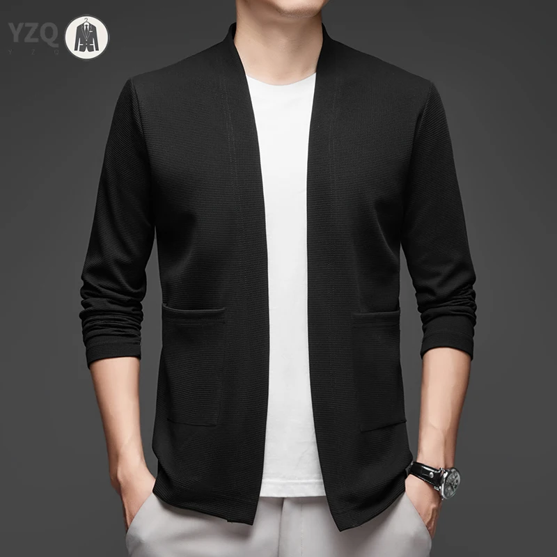New Men's Business Casual Long Sleeved Solid Color Cloak Jacket Knitted Comfortable and Fashionable All Season Versatile Top thumbnail 3