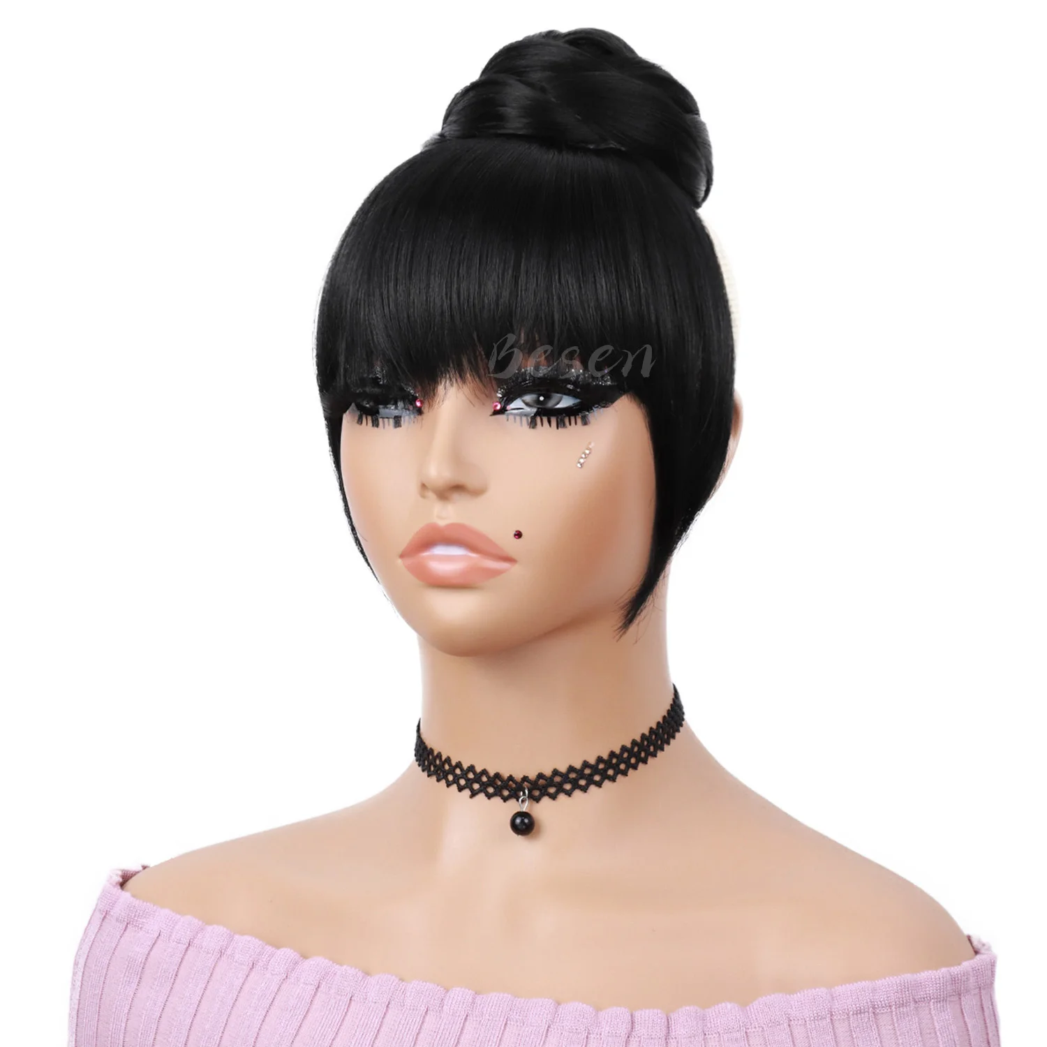 Synthetic Black Quick Chignon Bun with Bangs Hair Braided Bang Clip in Hair Piece Fringe Clip on Hair Bun Hair Extension thumbnail 3