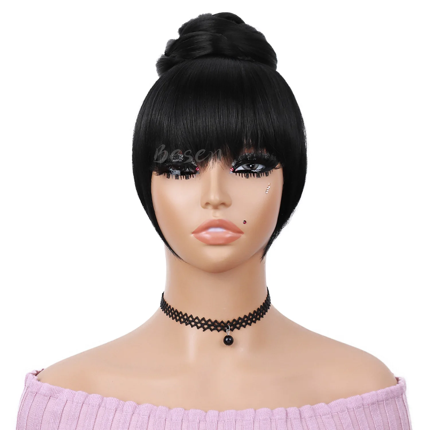 Synthetic Black Quick Chignon Bun with Bangs Hair Braided Bang Clip in Hair Piece Fringe Clip on Hair Bun Hair Extension thumbnail 2