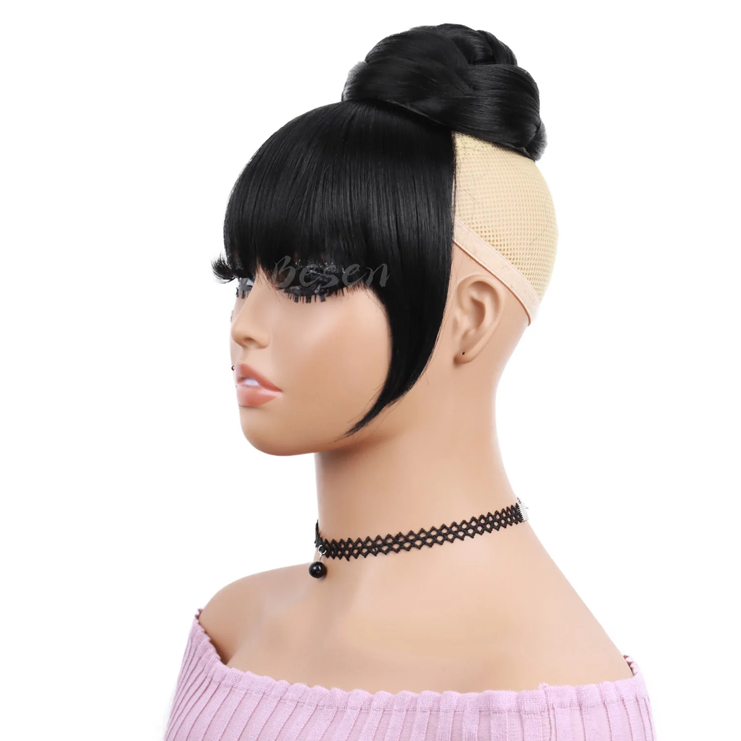 Synthetic Black Quick Chignon Bun with Bangs Hair Braided Bang Clip in Hair Piece Fringe Clip on Hair Bun Hair Extension thumbnail 4
