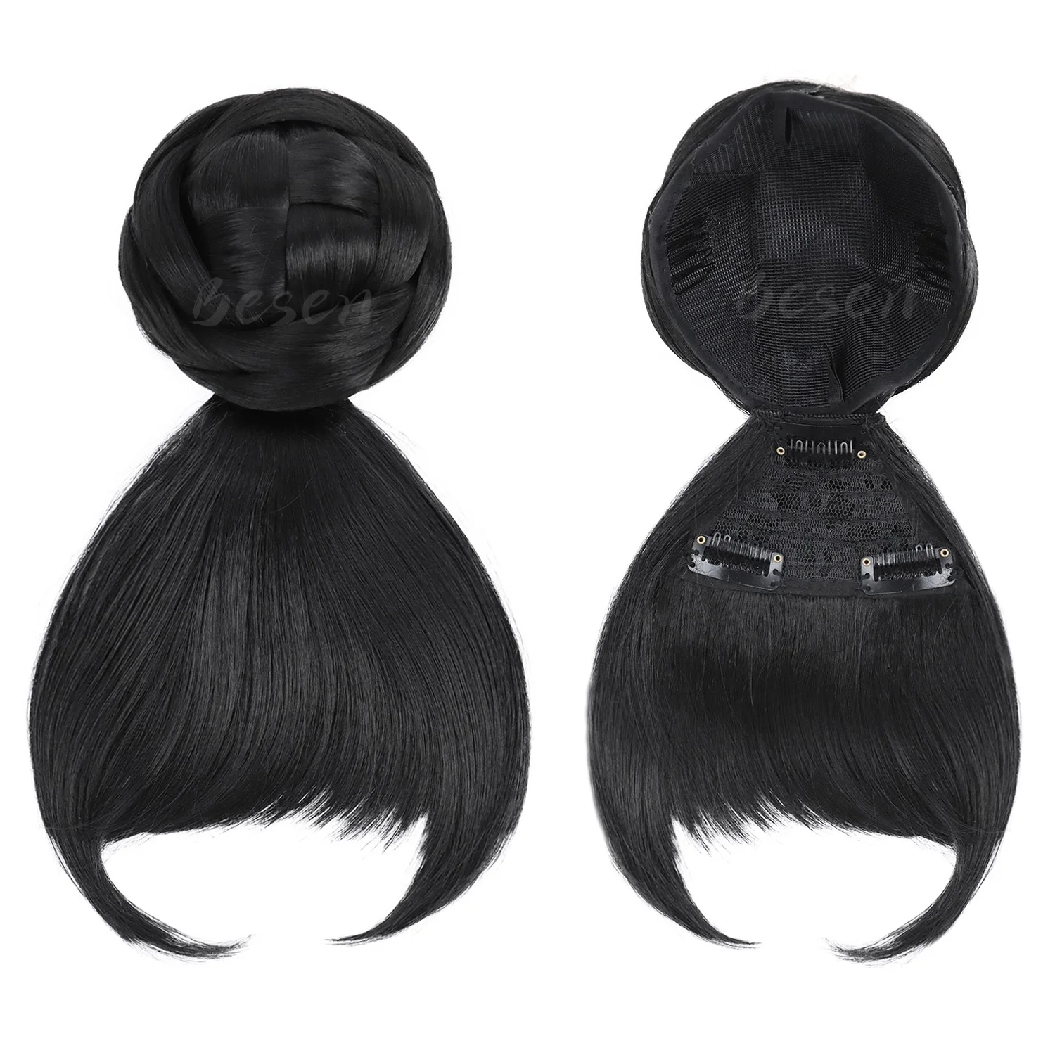 Synthetic Black Quick Chignon Bun with Bangs Hair Braided Bang Clip in Hair Piece Fringe Clip on Hair Bun Hair Extension thumbnail 5
