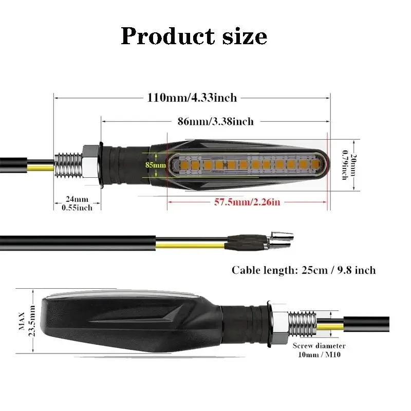 Motorcycle LED Turn Signals Light Amber Flasher Flowing Water Built Relay 12LED 10MM Turn Signal Lamp Motorcycle Flashing Lights thumbnail 2