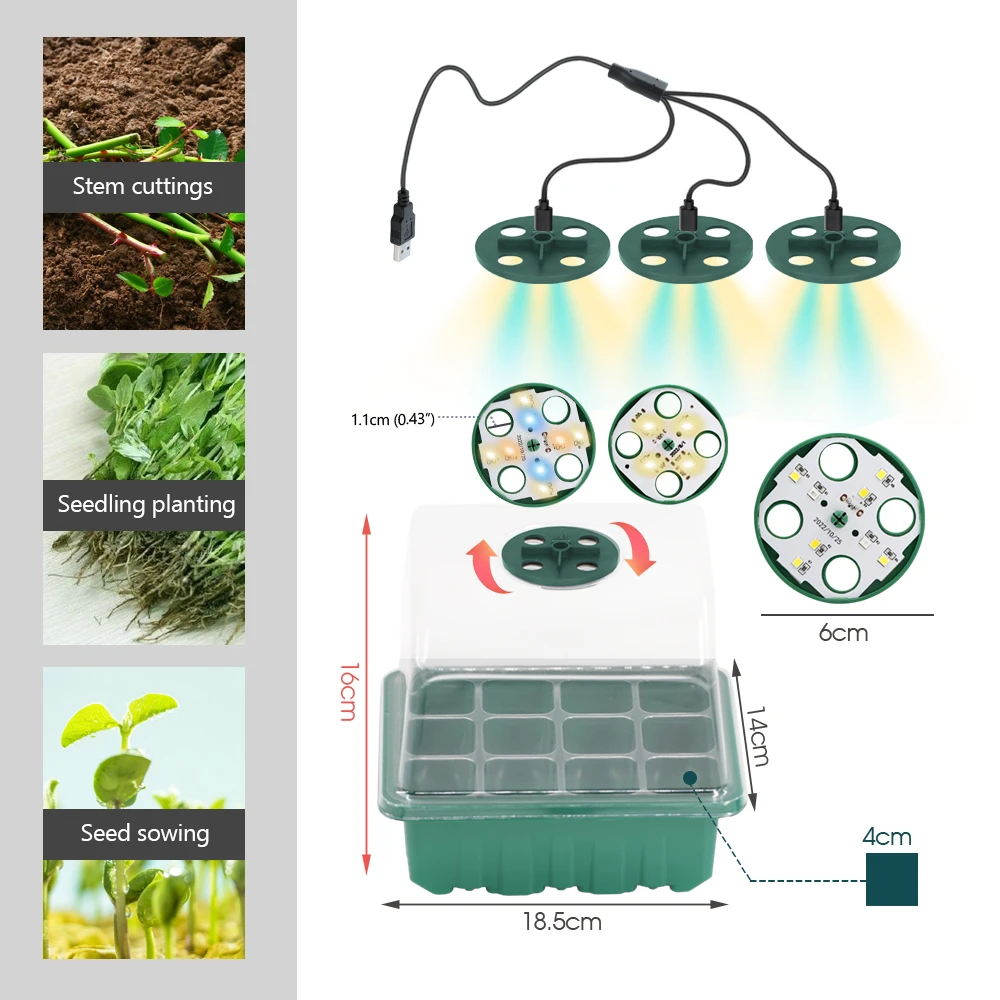 LED Nursery Pots with Grow Light Plant Seed Starter Trays Home Greenhouse Growing Lamp 12Cell Seedling Box Timer Kit Controller thumbnail 2