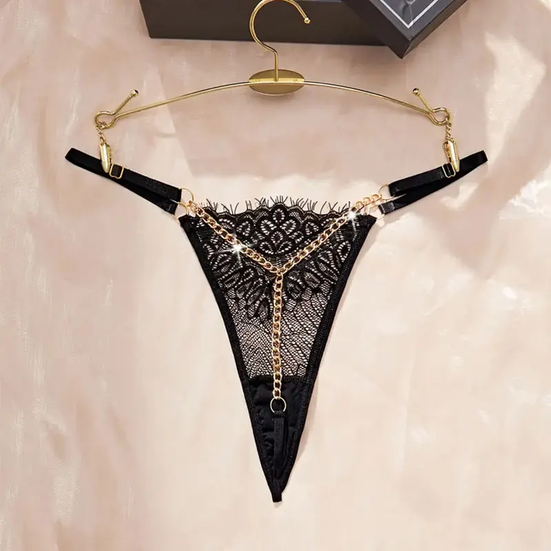 2024 New Sexy Solid Color Lace Metal Chain Thong Hot Low Waist Transparent Erotic Panties Women's Underwear Crotchless G-String thumbnail 6