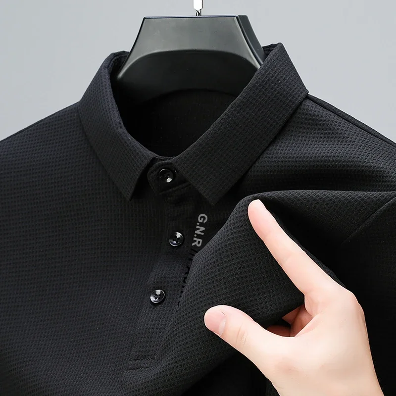Men's Waffle Long Sleeved POLO Shirt with Letter Printed Lapel Casual Top thumbnail 4