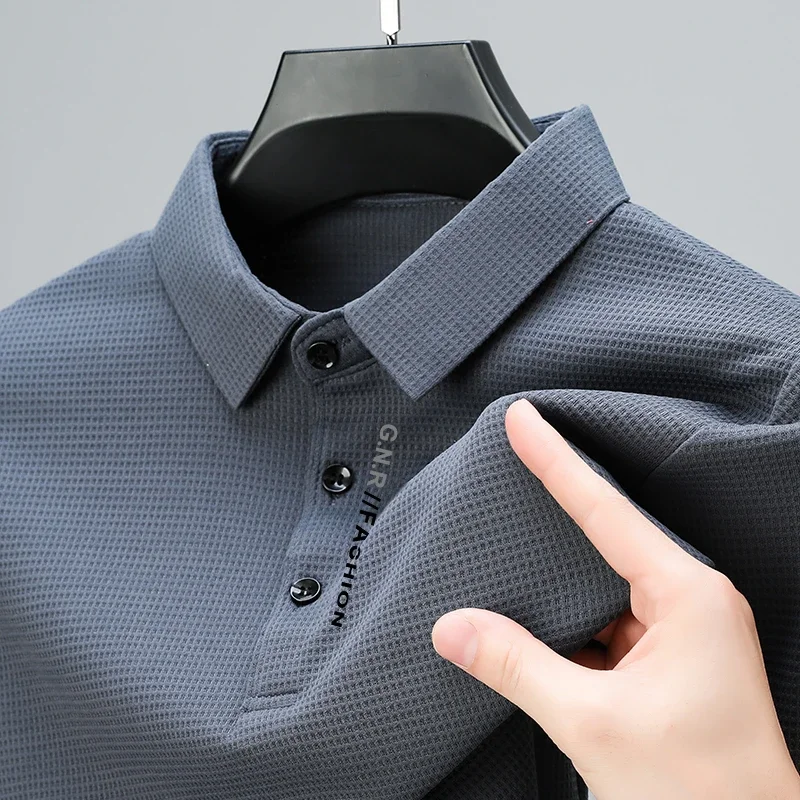 Men's Waffle Long Sleeved POLO Shirt with Letter Printed Lapel Casual Top thumbnail 2