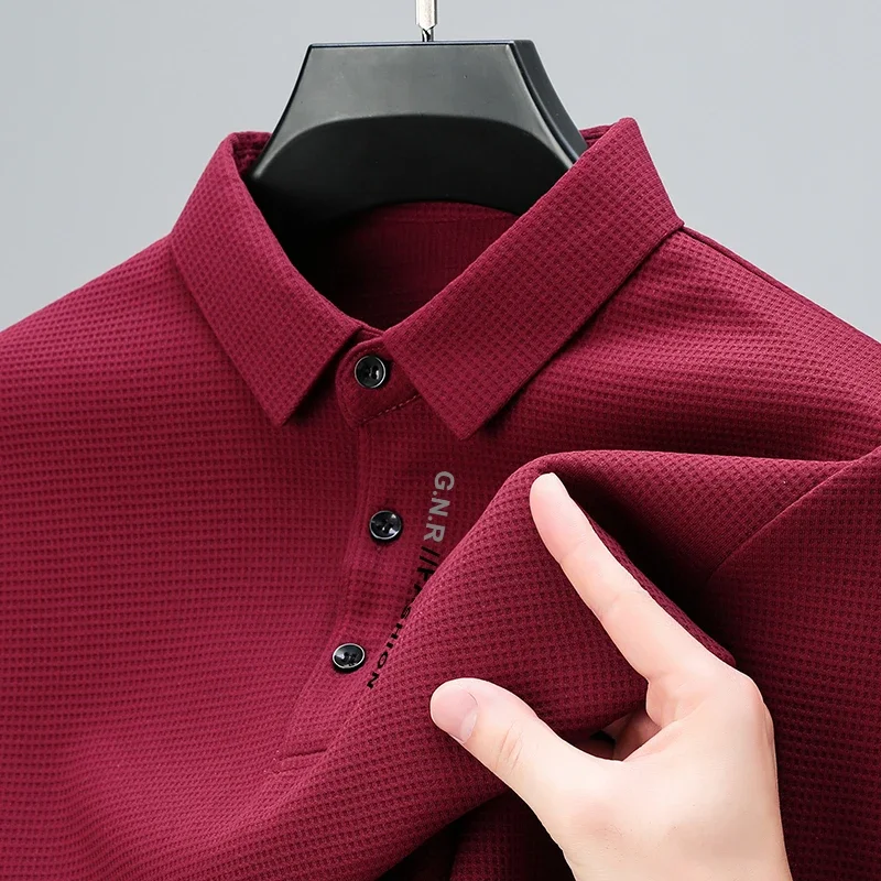 Men's Waffle Long Sleeved POLO Shirt with Letter Printed Lapel Casual Top thumbnail 5