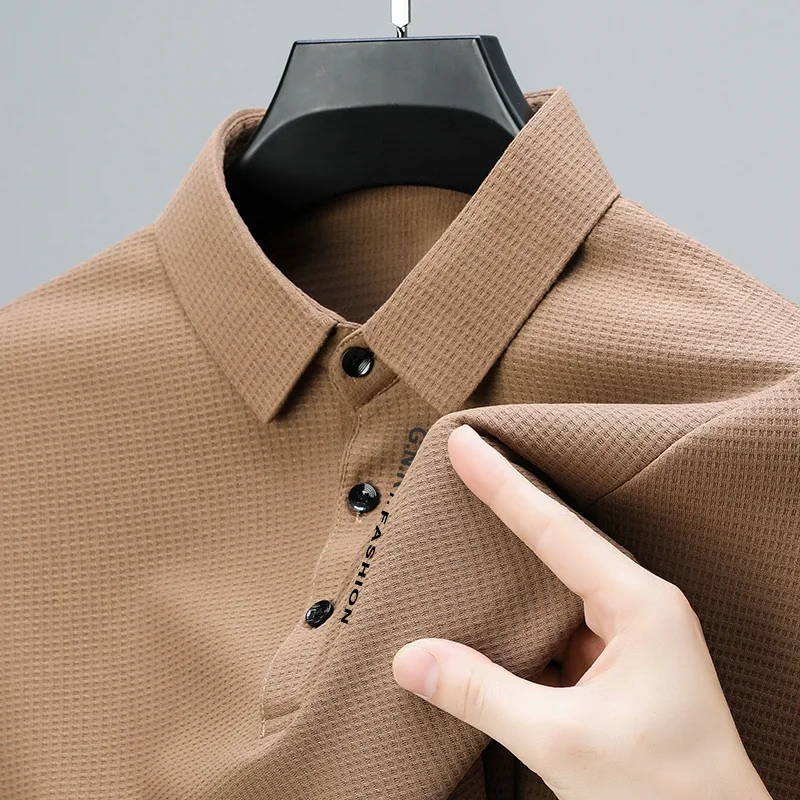 Men's Waffle Long Sleeved POLO Shirt with Letter Printed Lapel Casual Top thumbnail 3