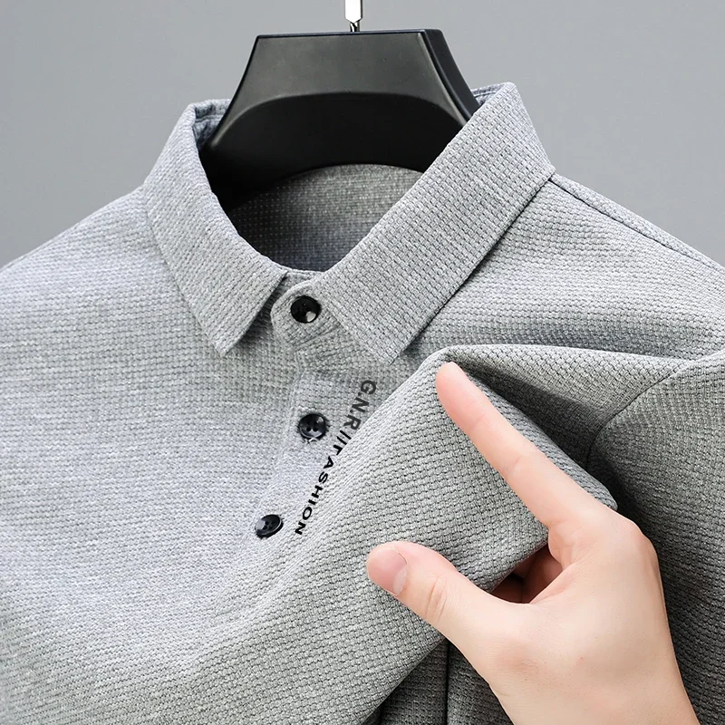 Men's Waffle Long Sleeved POLO Shirt with Letter Printed Lapel Casual Top thumbnail 6