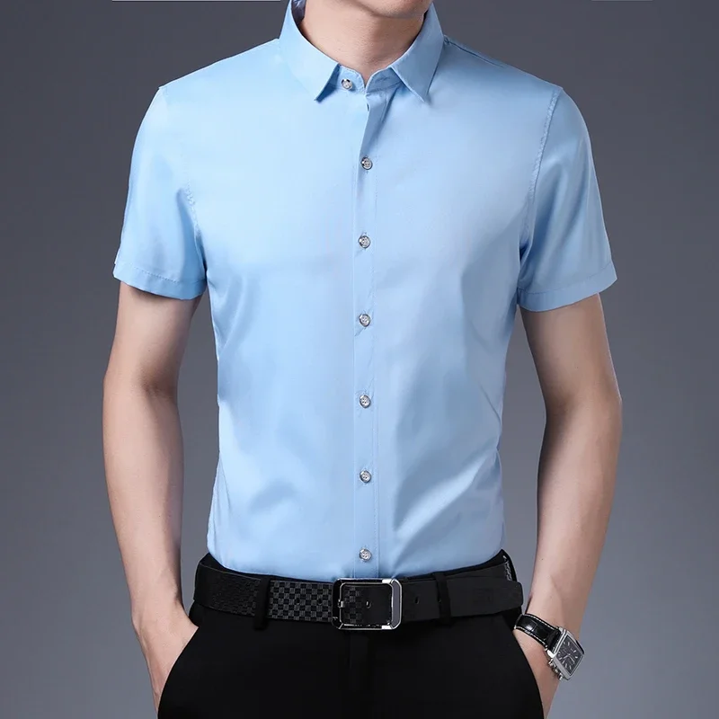 Men's Business Casual Solid Color Short Sleeved Shirt Non Ironing Comfortable Top thumbnail 5