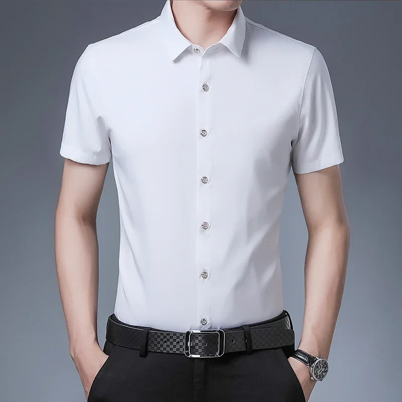 Men's Business Casual Solid Color Short Sleeved Shirt Non Ironing Comfortable Top thumbnail 4