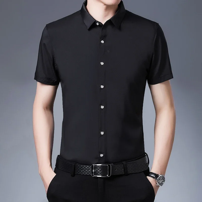 Men's Business Casual Solid Color Short Sleeved Shirt Non Ironing Comfortable Top thumbnail 3