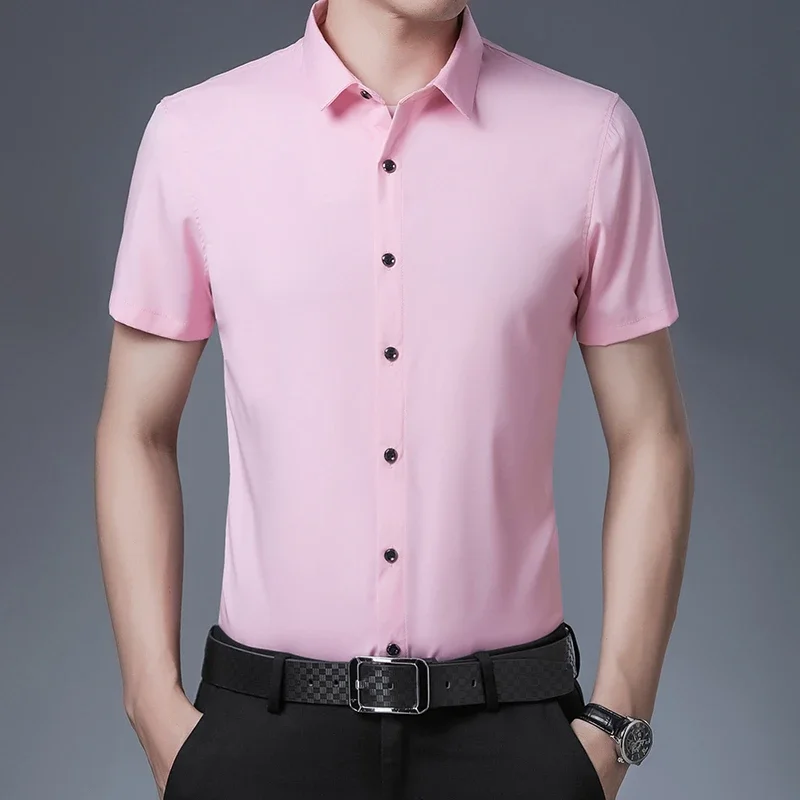 Men's Business Casual Solid Color Short Sleeved Shirt Non Ironing Comfortable Top thumbnail 2
