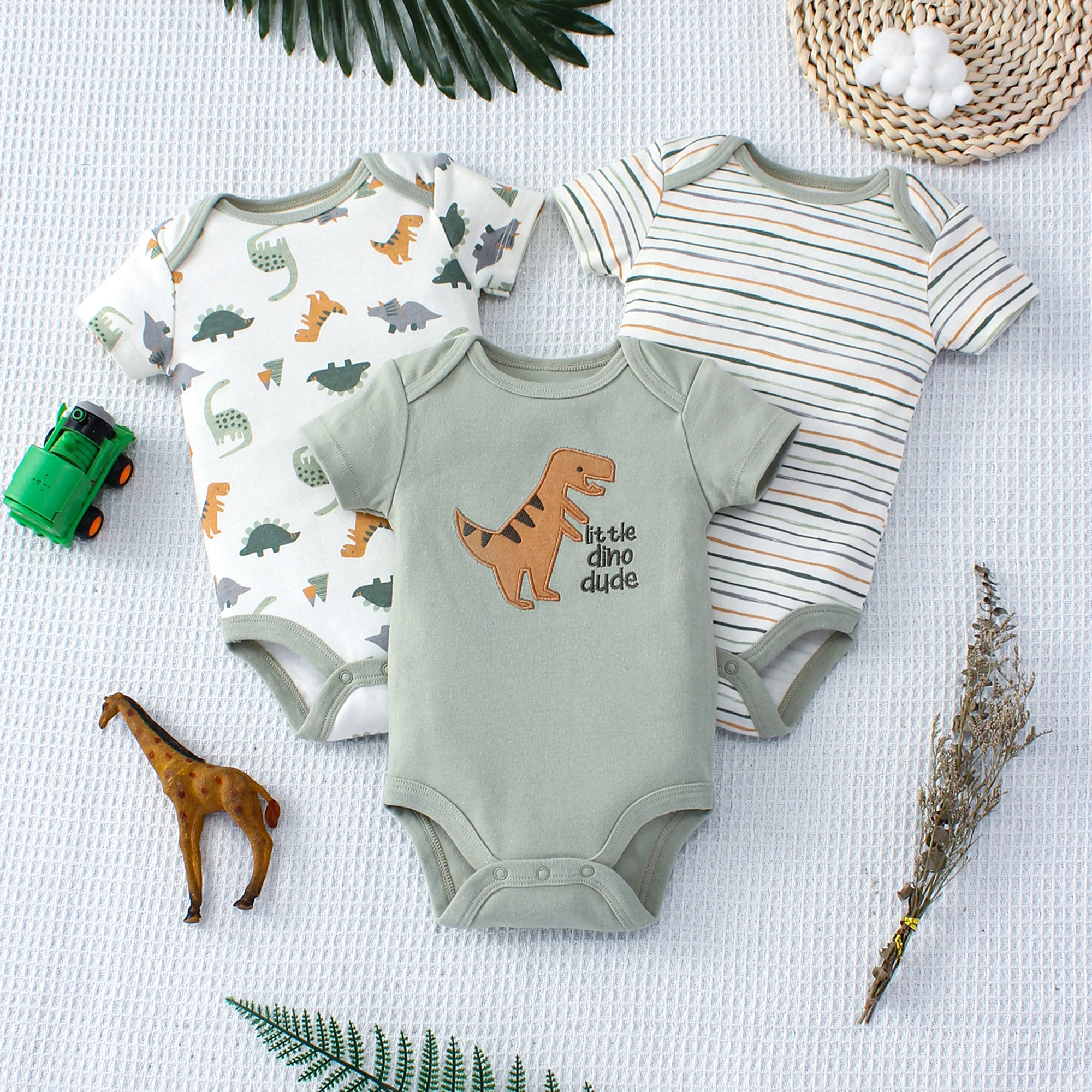 3PCS Summer Baby Bodysuit Three piece Set with Cartoon Dinosaur Pattern and Stripe Pattern Button Design for 0-9 Months Old Boys thumbnail 6