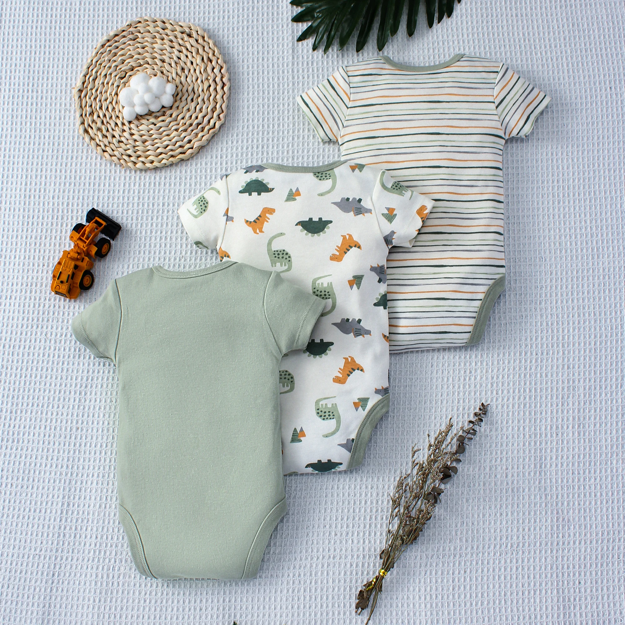 3PCS Summer Baby Bodysuit Three piece Set with Cartoon Dinosaur Pattern and Stripe Pattern Button Design for 0-9 Months Old Boys thumbnail 2
