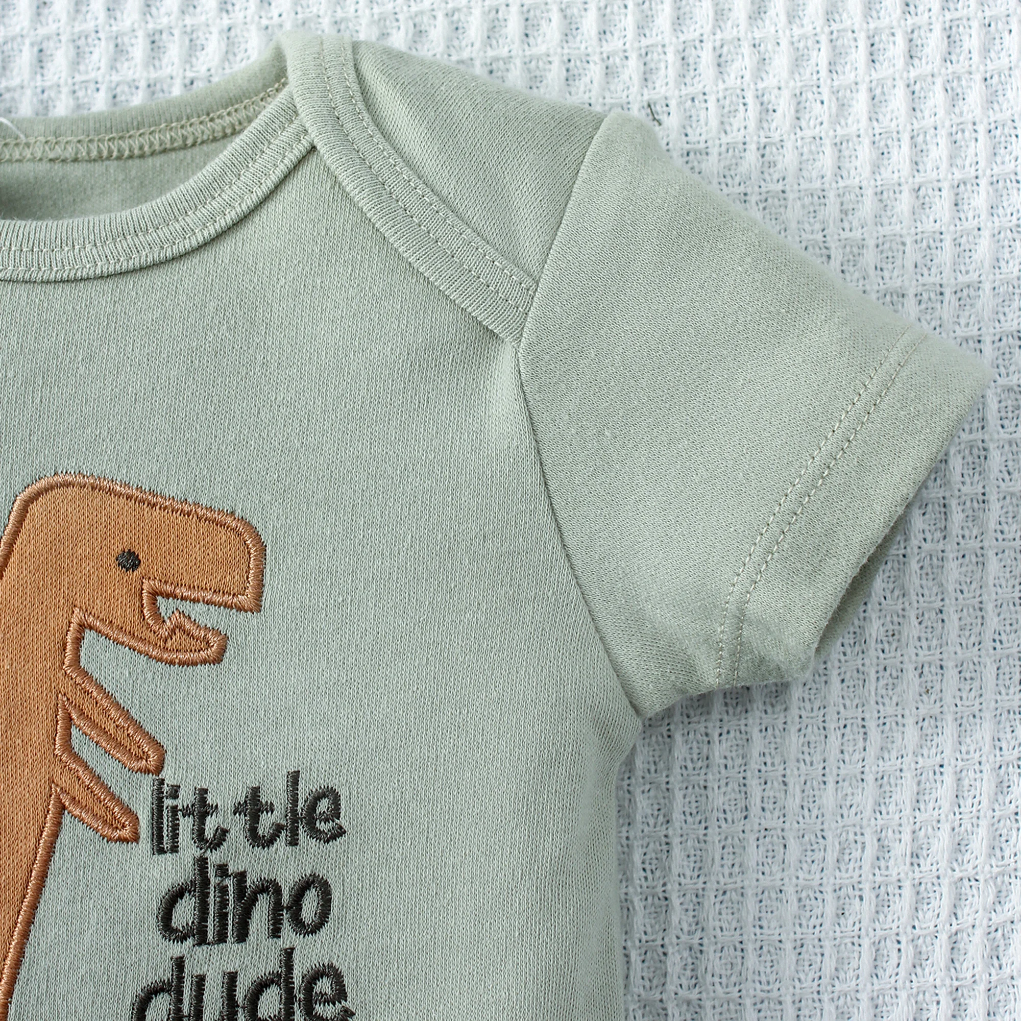 3PCS Summer Baby Bodysuit Three piece Set with Cartoon Dinosaur Pattern and Stripe Pattern Button Design for 0-9 Months Old Boys thumbnail 3
