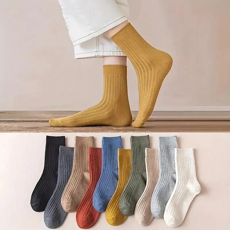 5/10 Pairs of Vibrant Mixed Color Striped Comfort Crew Socks - Soft, Breathable, Classic Casual Daily Wear thumbnail 5