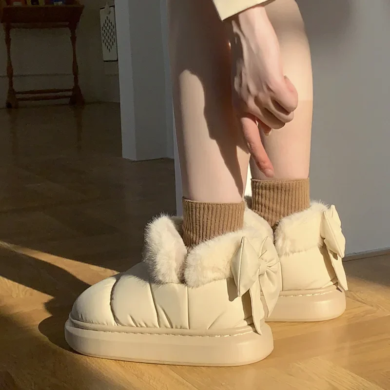 Cute Warm Ankle Boots Winter Women's Bow Warmth Plush Bow Cotton Shoes 2024 New Waterproof Down Cloth Short Barrel Snow Boots thumbnail 3