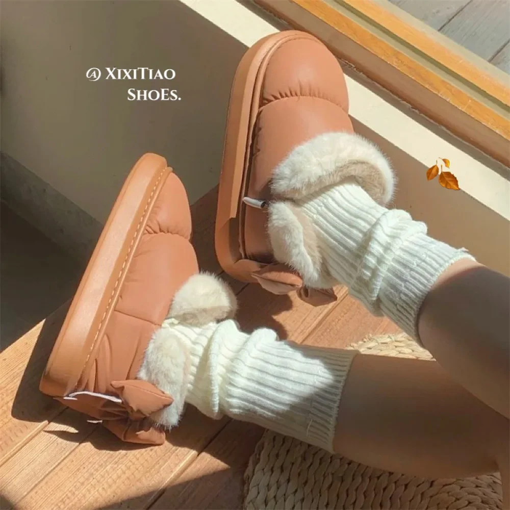 Cute Warm Ankle Boots Winter Women's Bow Warmth Plush Bow Cotton Shoes 2024 New Waterproof Down Cloth Short Barrel Snow Boots thumbnail 6