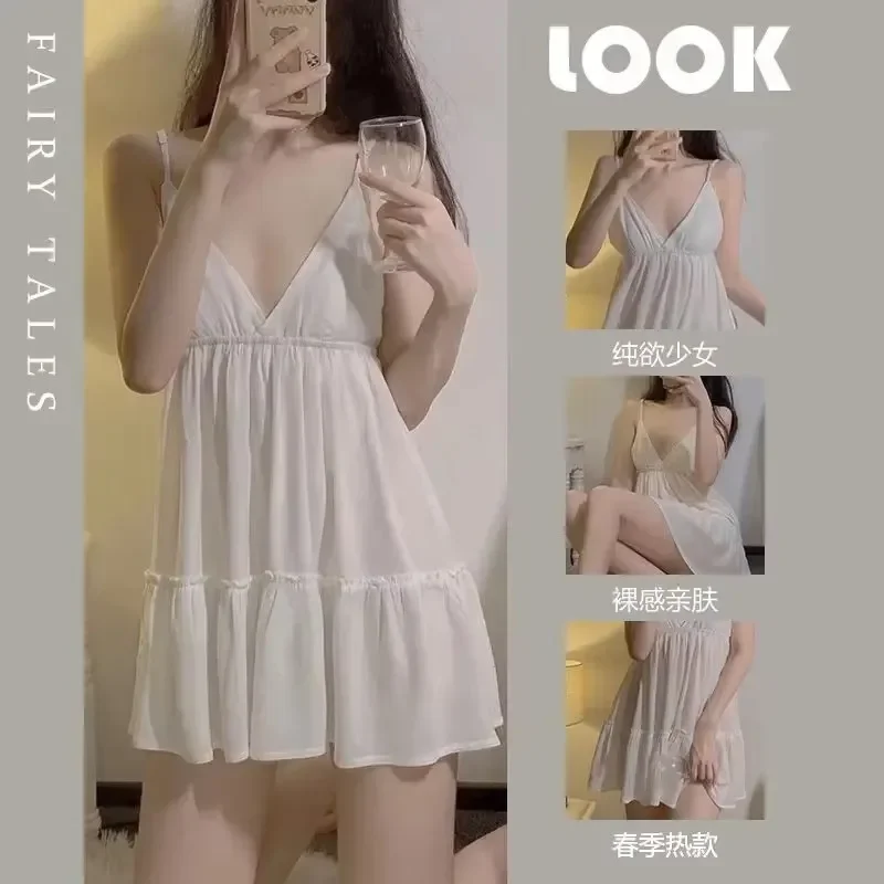 White Sexy Women Nightwear Slip Dress Nightgown Clothing Short Sets Women's Home New Sleepwear Korean Style Women’s Pajamas Top thumbnail 6