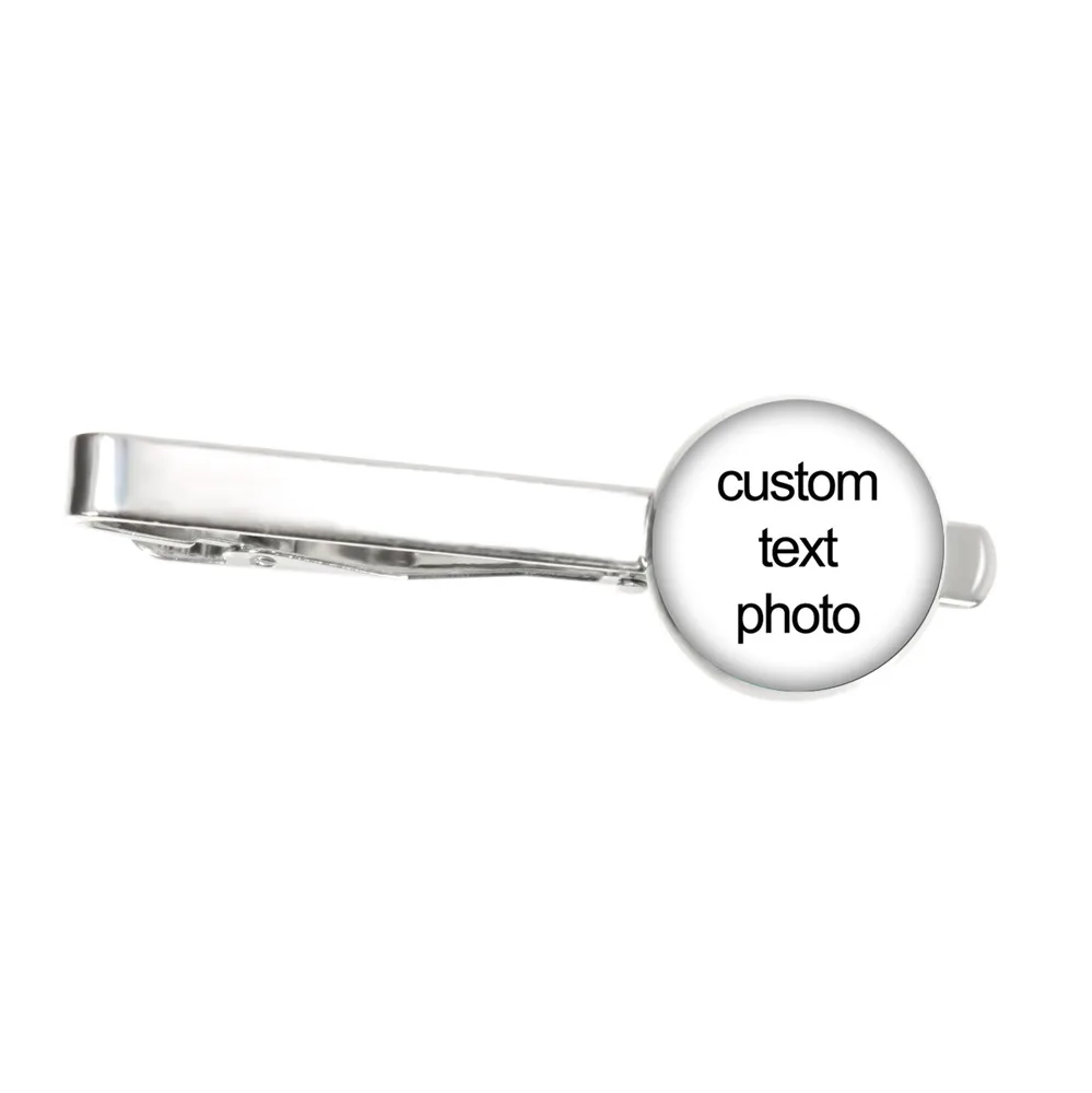 1pc Custom Photo Text Glass Cabochon Tie Clip For Men Metal Tie Clamp Pins Father Husband Customize Gifts