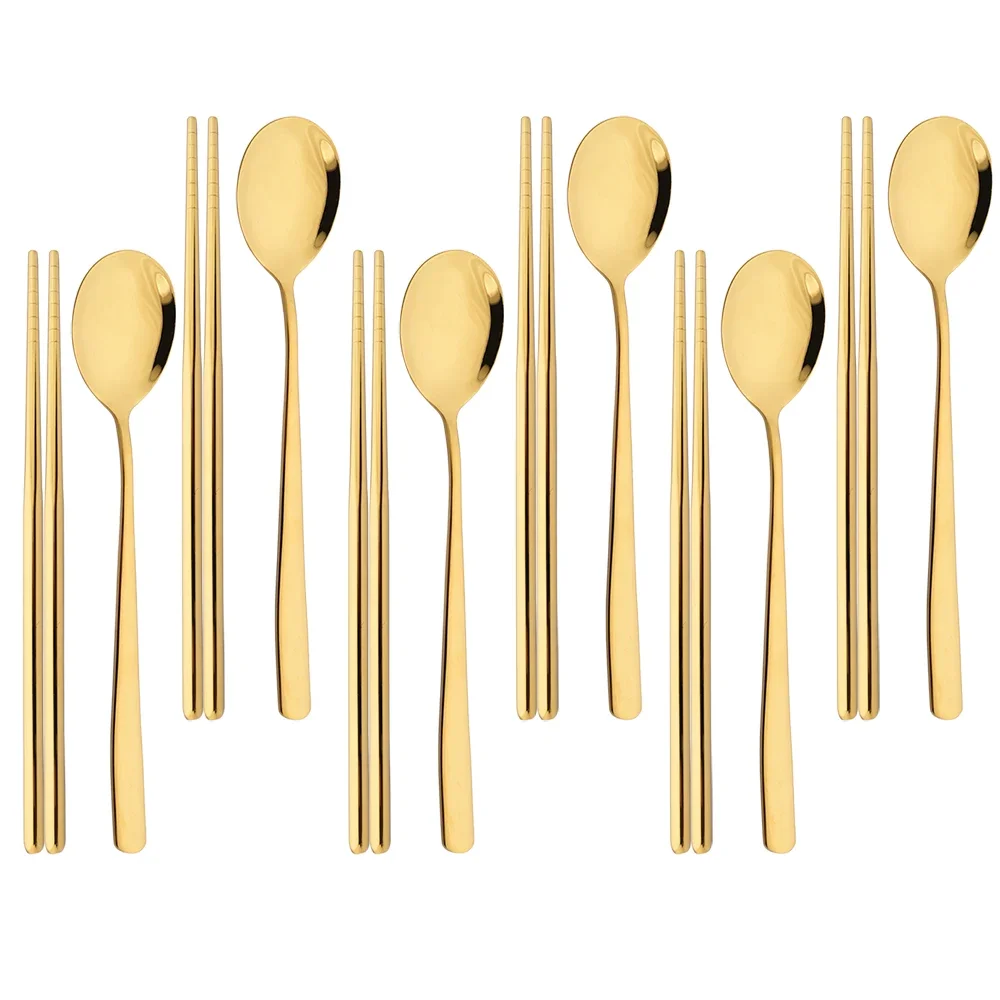 304 Stainless Steel Cutlery Set Sushi Sticks Dinner Spoons Set 8/10Pcs Dinnerware Korean Chopsticks Dessert Spoon Flatware Set