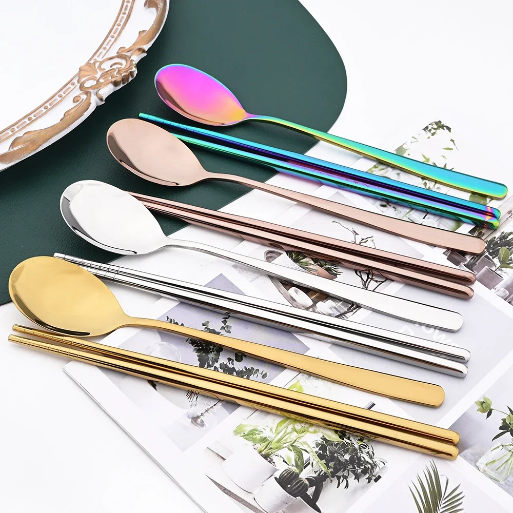 304 Stainless Steel Cutlery Set Sushi Sticks Dinner Spoons Set 8/10Pcs Dinnerware Korean Chopsticks Dessert Spoon Flatware Set thumbnail 2