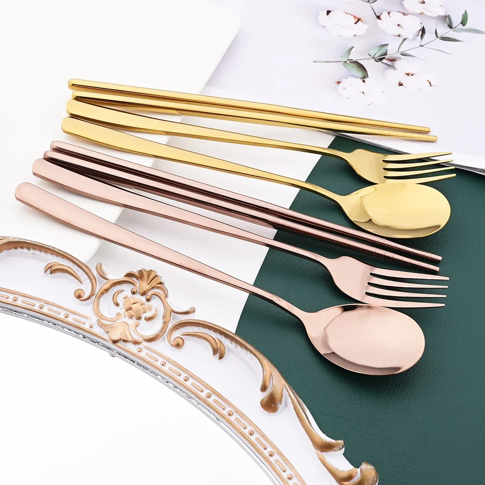 304 Stainless Steel Cutlery Set Sushi Sticks Dinner Spoons Set 8/10Pcs Dinnerware Korean Chopsticks Dessert Spoon Flatware Set thumbnail 3