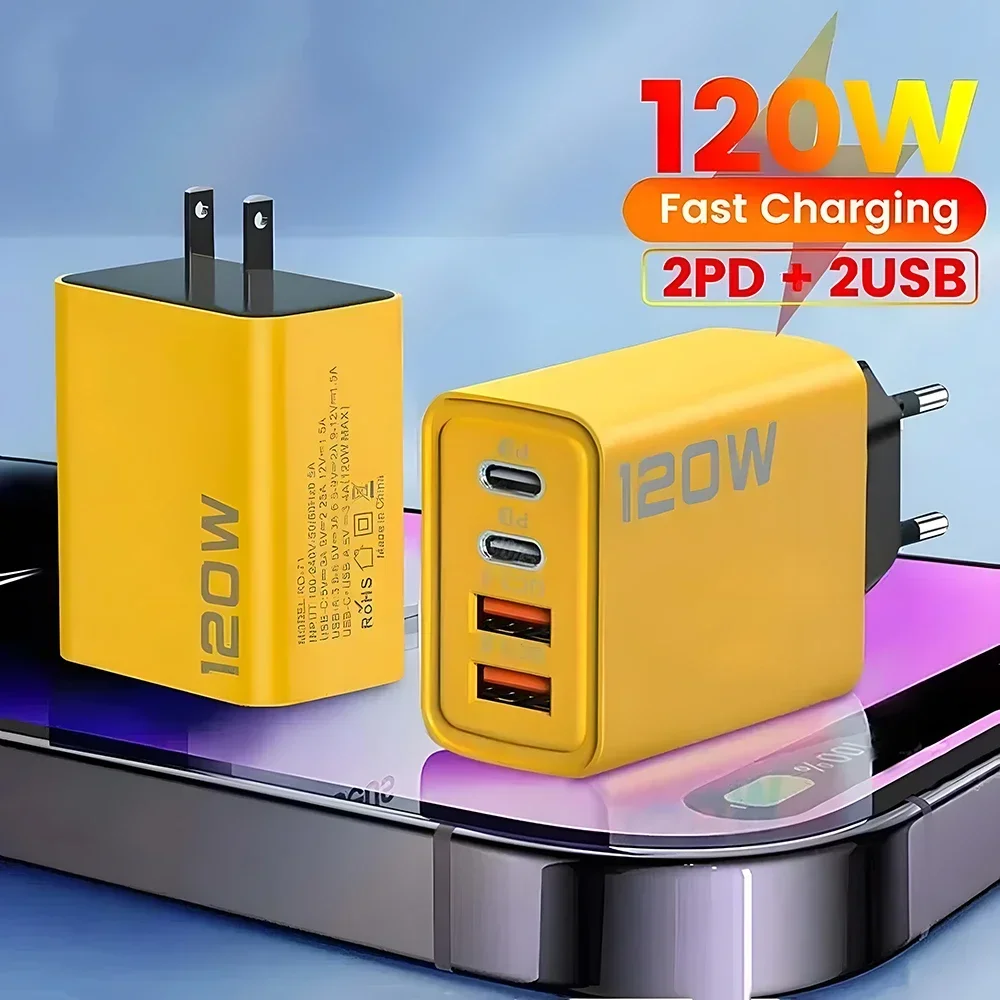 120W 2 USB+2 Type-C 4 Ports Wall Charger Fast Charging EU/US/UK Plug Power Adapter For Xiaomi iPhone Samsung Huawei Phone/Tablet thumbnail 2