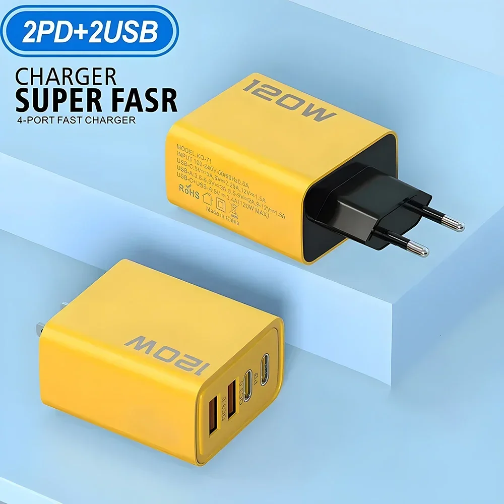 120W 2 USB+2 Type-C 4 Ports Wall Charger Fast Charging EU/US/UK Plug Power Adapter For Xiaomi iPhone Samsung Huawei Phone/Tablet thumbnail 3