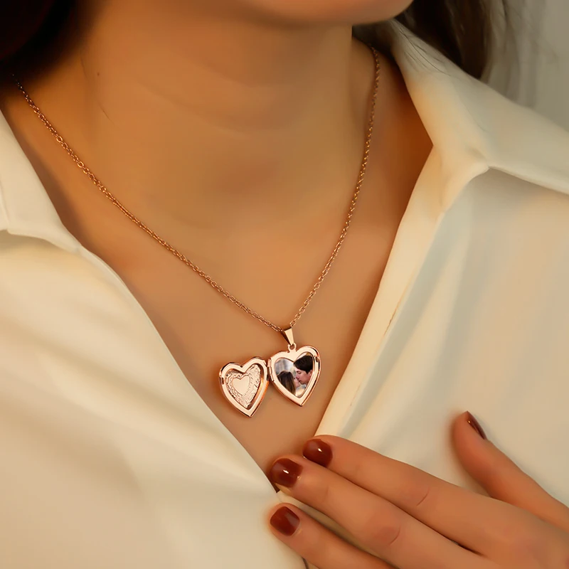 Personalized Locket Necklace Custom Photo Text Heart Necklace Engraved Name Stainless Steel Heart Shape Pendant Necklace Jewelry thumbnail 2