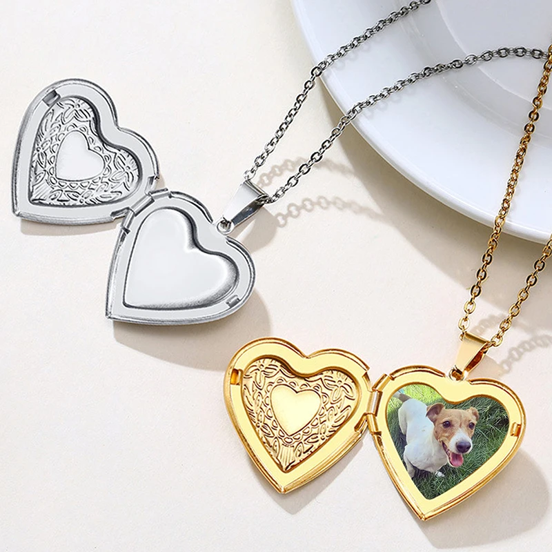 Personalized Locket Necklace Custom Photo Text Heart Necklace Engraved Name Stainless Steel Heart Shape Pendant Necklace Jewelry thumbnail 3