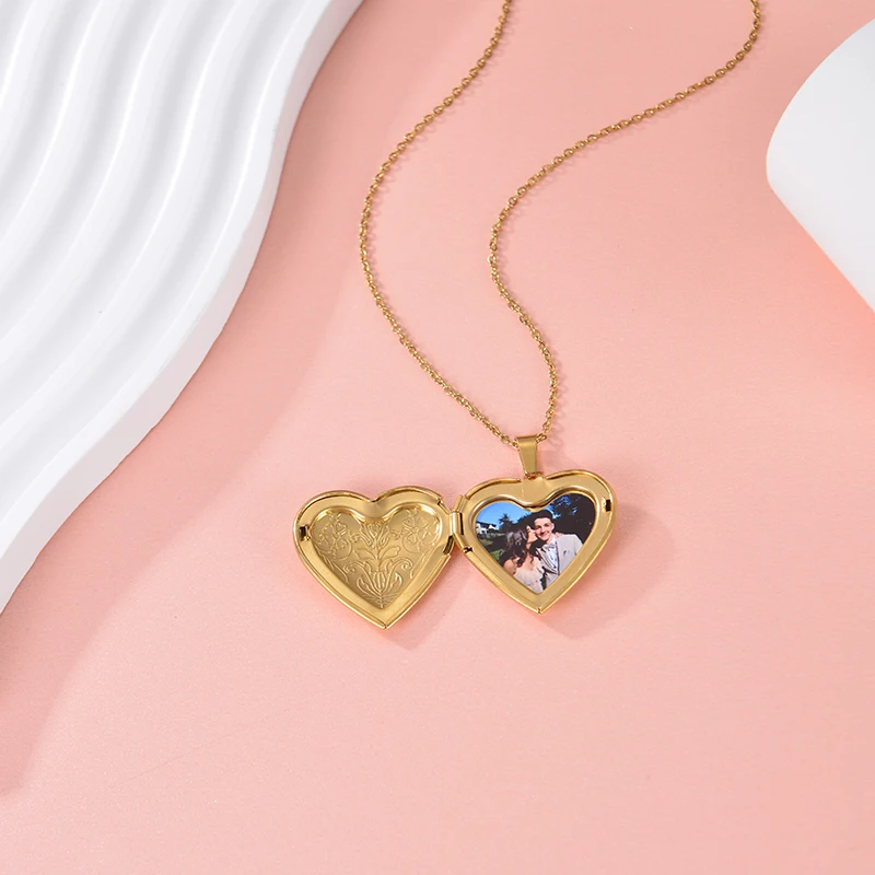 Personalized Locket Necklace Custom Photo Text Heart Necklace Engraved Name Stainless Steel Heart Shape Pendant Necklace Jewelry thumbnail 5